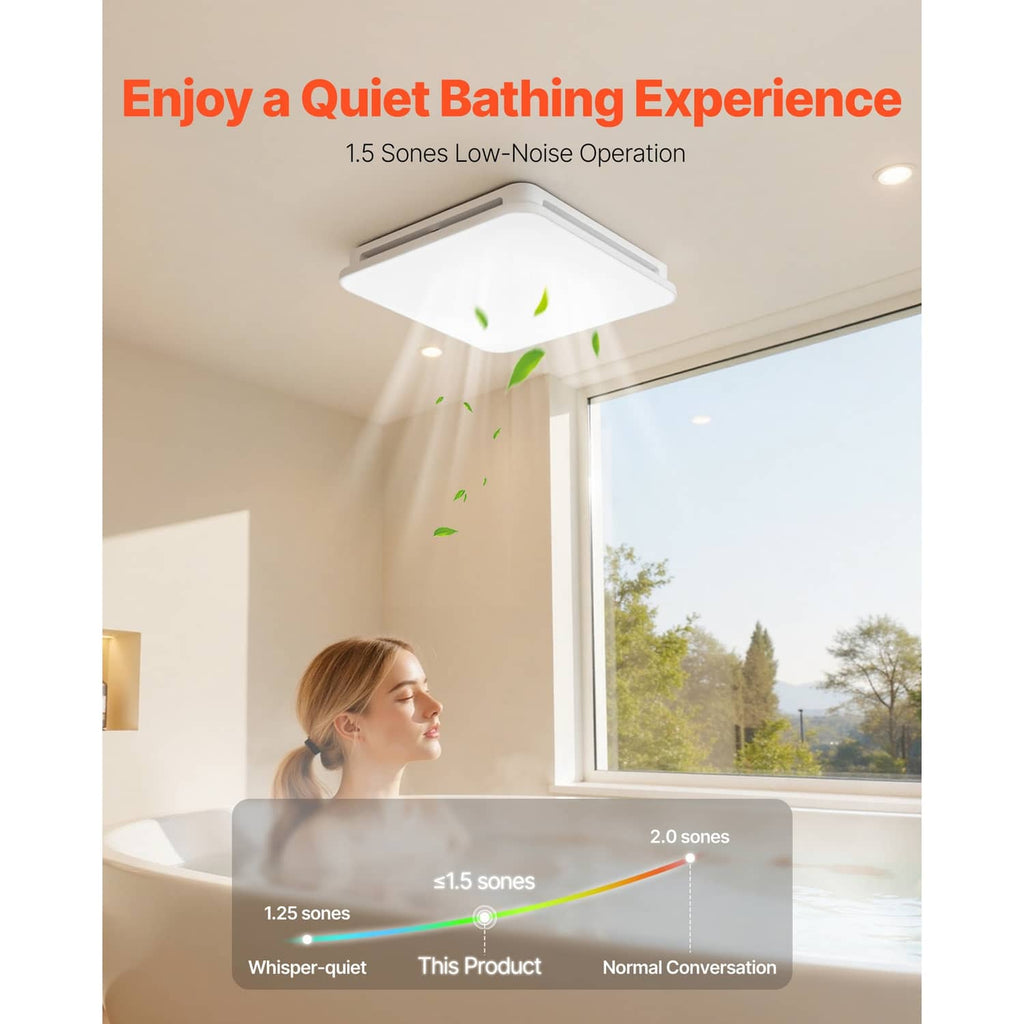 Ceiling ventilation fan with white LED light and quiet airflow design