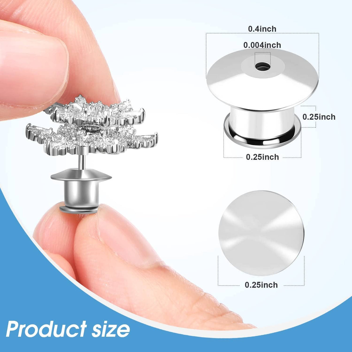 Silver metal locking pin back clasp size view, round keeper cap and post dimensions shown.