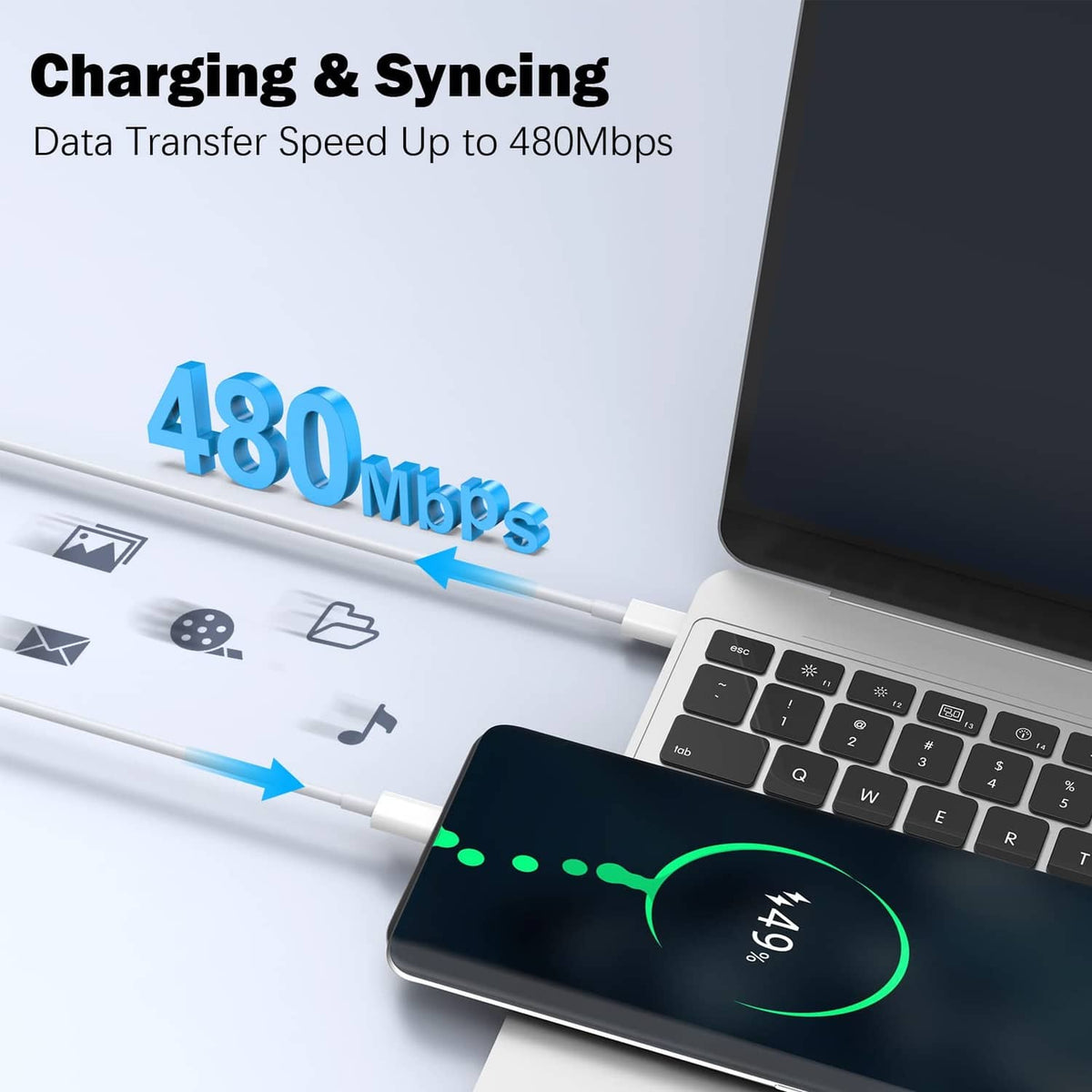 White USB-C charging cable connected to a laptop for syncing