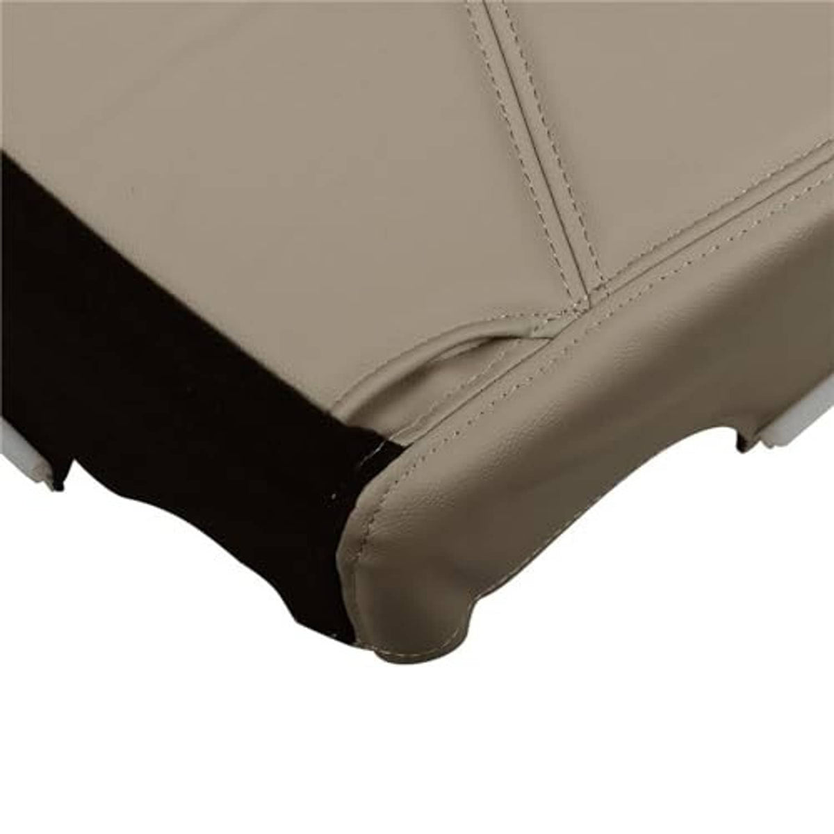 Close-up of tan synthetic leather seat cover edge with double-stitched seams