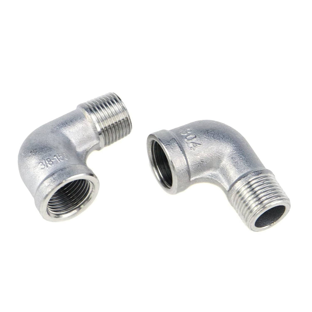Two stainless steel 90° elbow fittings with male NPT threads, angled view