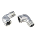 Two stainless steel 90° elbow fittings with male NPT threads, angled view