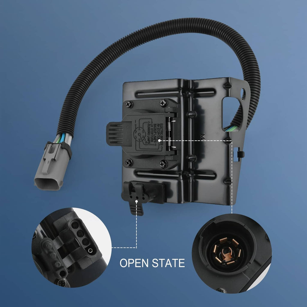 Trailer tow wiring harness plug with black module, open state connector, and ribbed cable