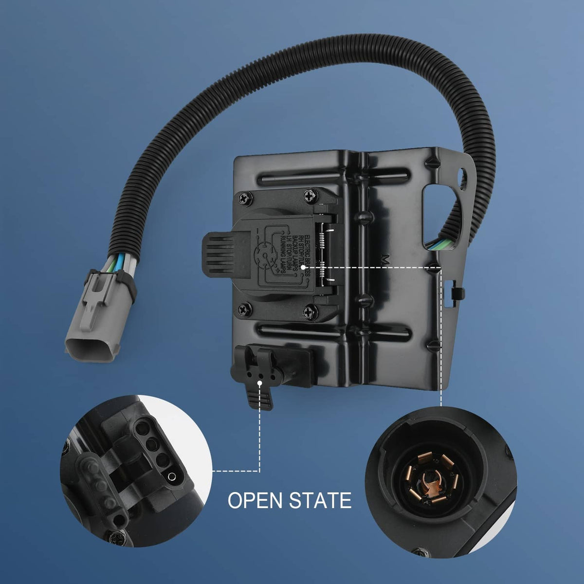 Trailer tow wiring harness plug with black module, open state connector, and ribbed cable