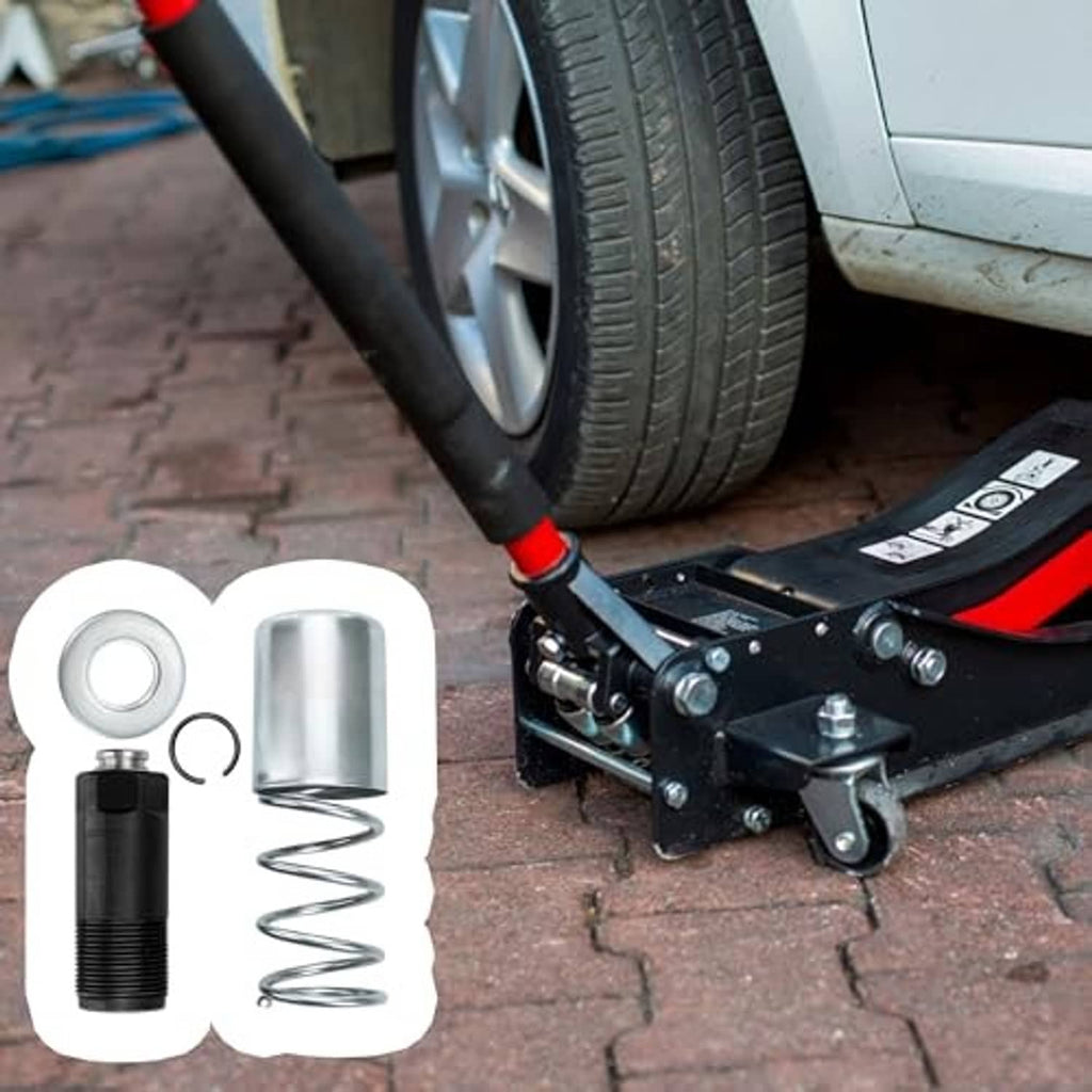 Floor jack pump piston plunger parts shown next to a floor jack lifting undercarriage