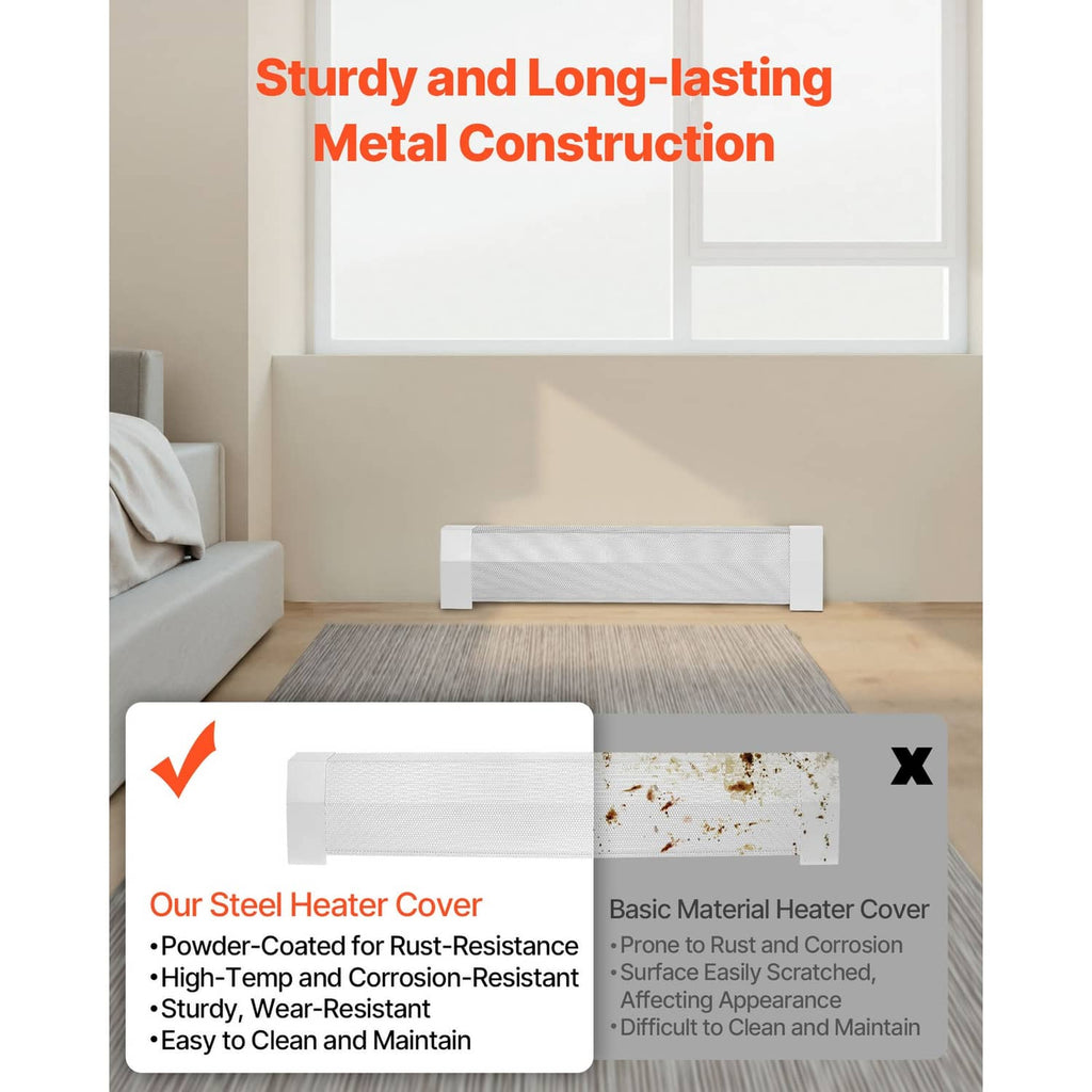 White baseboard heater cover with vented mesh front, shown on a living room floor