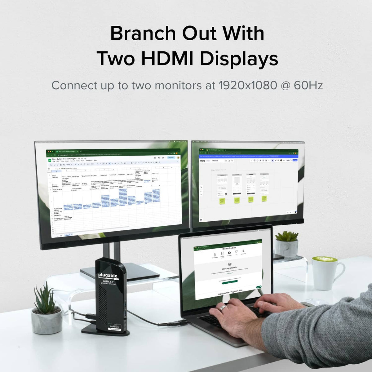 Black Plugable docking station supporting two HDMI monitors for video output