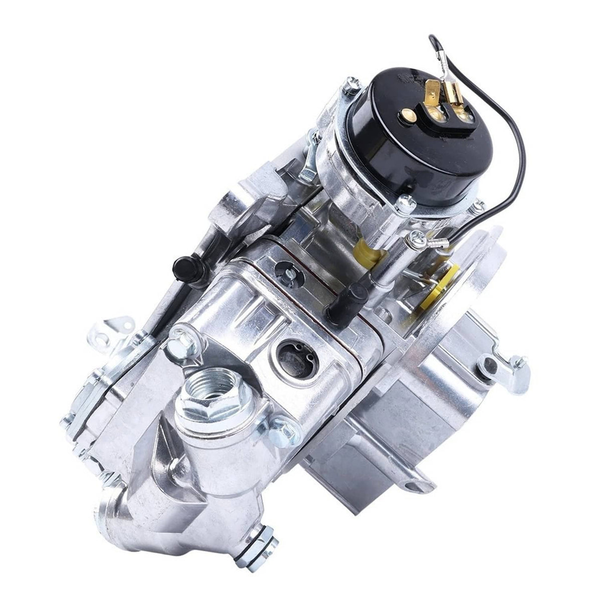 2BBL carburetor with electric choke and silver aluminum housing, close-up