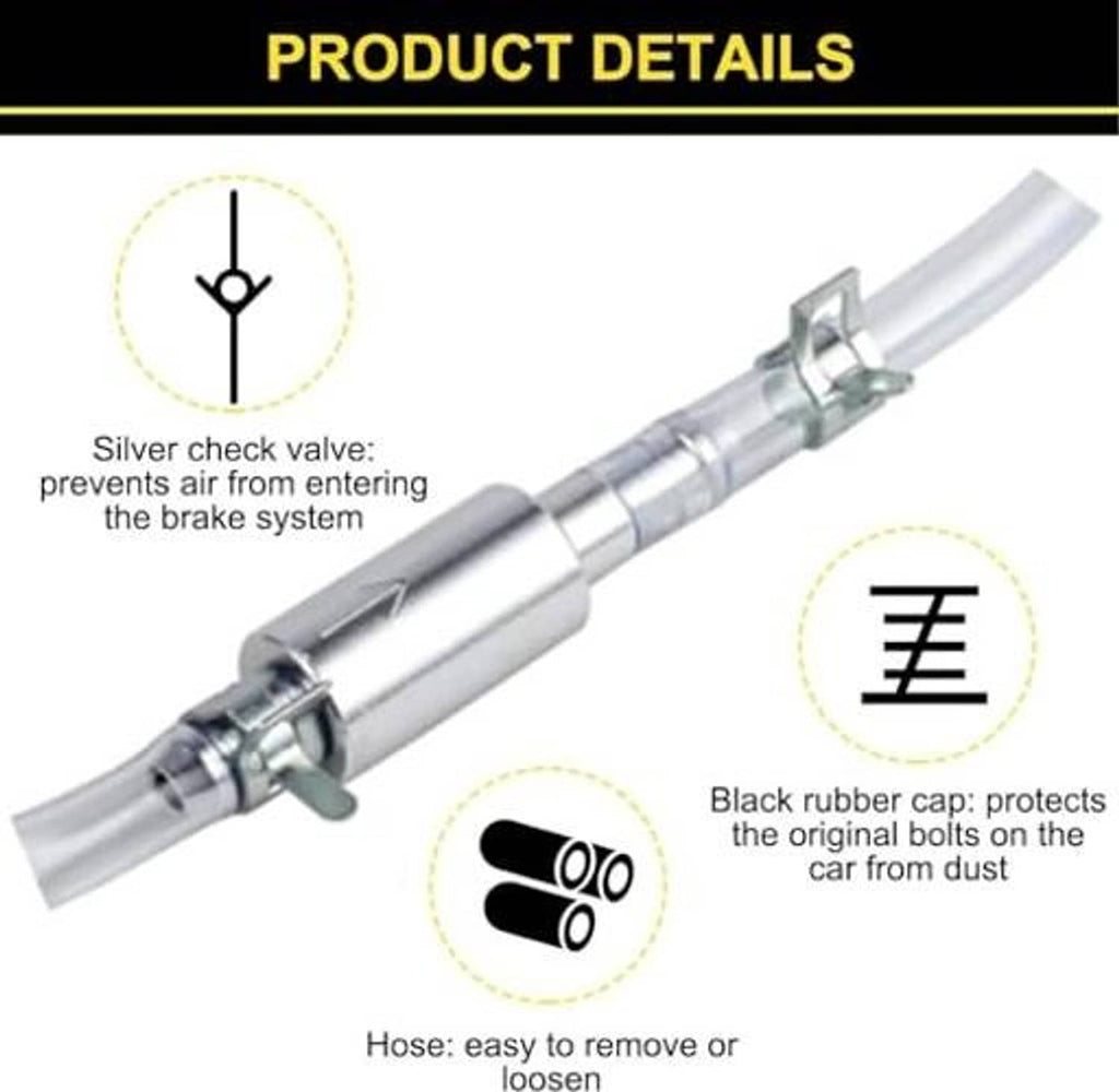 Brake bleeder hose with silver one-way check valve and black rubber cap on clear tube