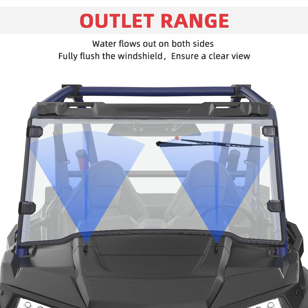Windshield outlet-range graphic showing water flow across the glass
