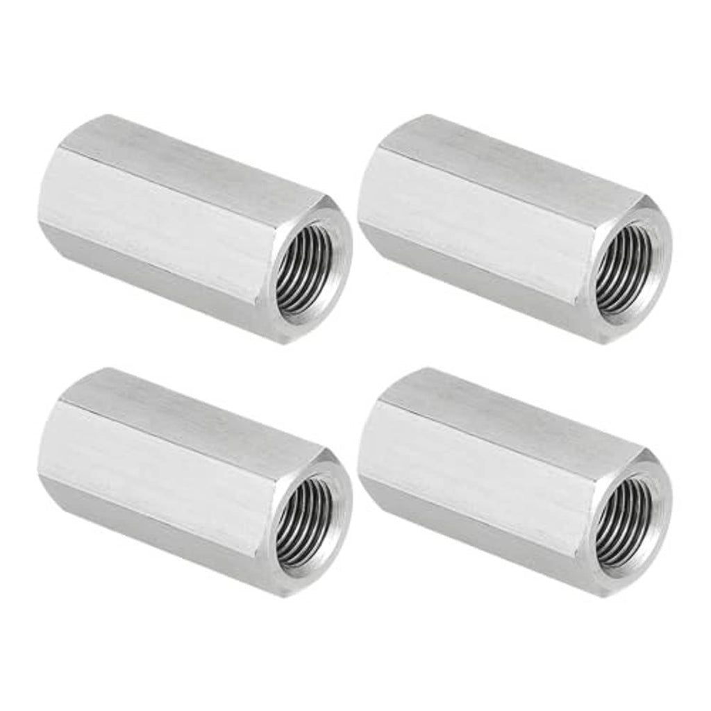Four stainless steel hex coupling nuts, each with internal screw threads and hex exterior