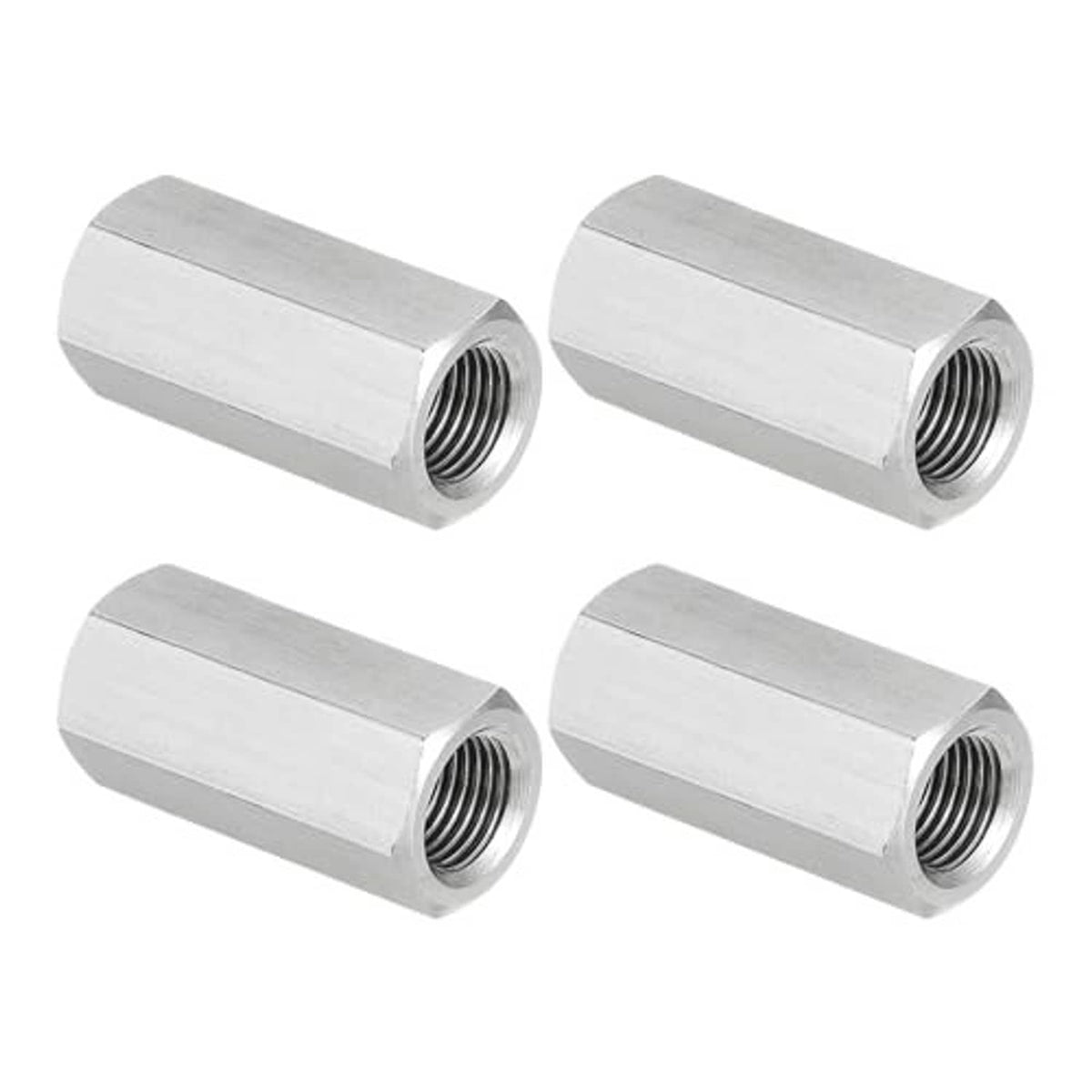 Four stainless steel hex coupling nuts, each with internal screw threads and hex exterior