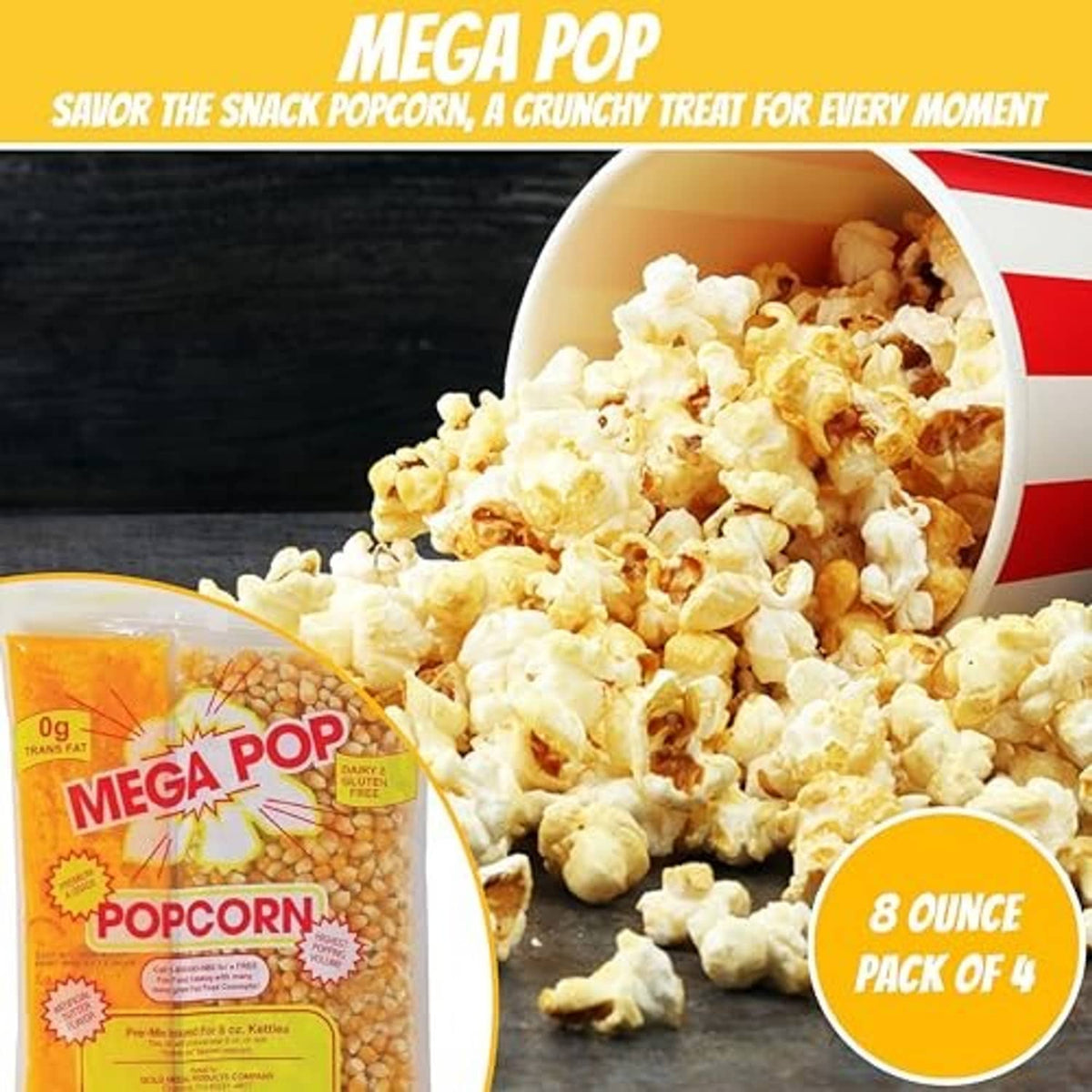 Mega Pop popcorn kernels with open serving bowl and 8-ounce pack of 4