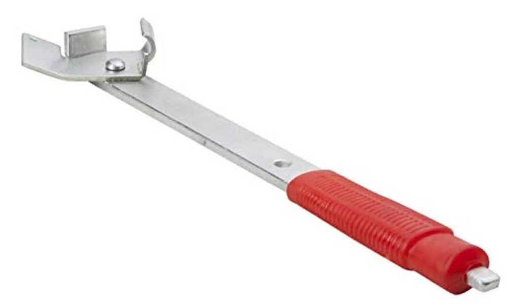 Valve stem remover/installer tool with red ribbed handle and silver gripping head