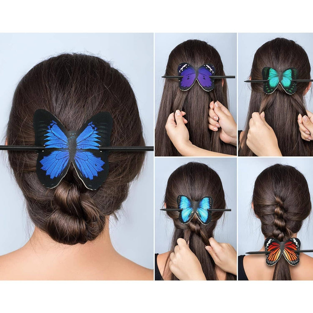 Butterfly hair clips worn in hair: blue, purple, and green butterfly designs