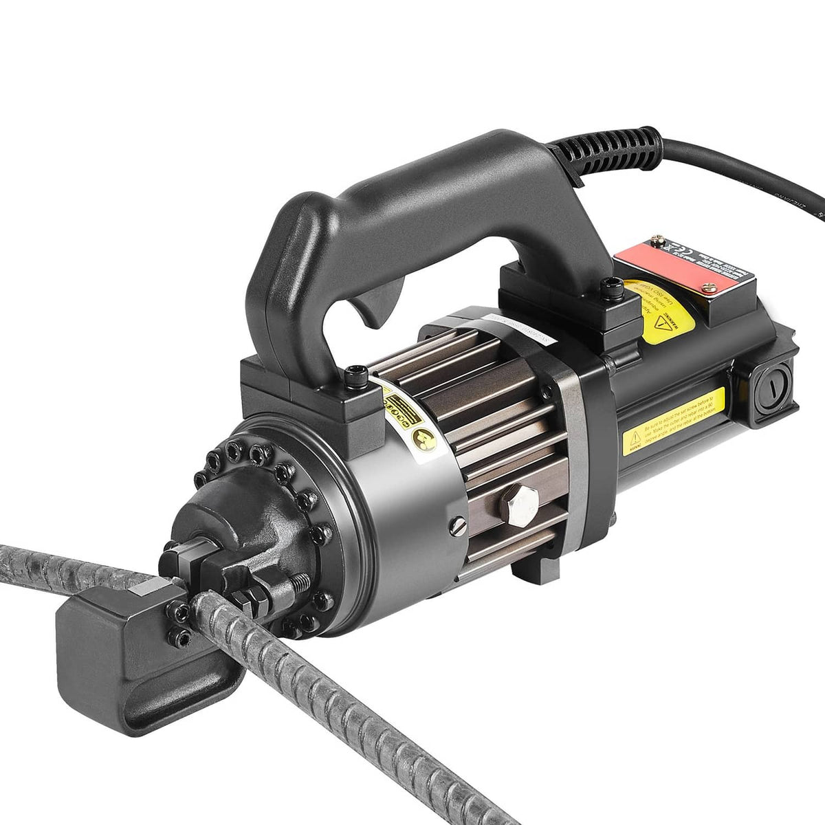 Electric hydraulic rebar cutter gripping rebar bar with black body and gray rollers