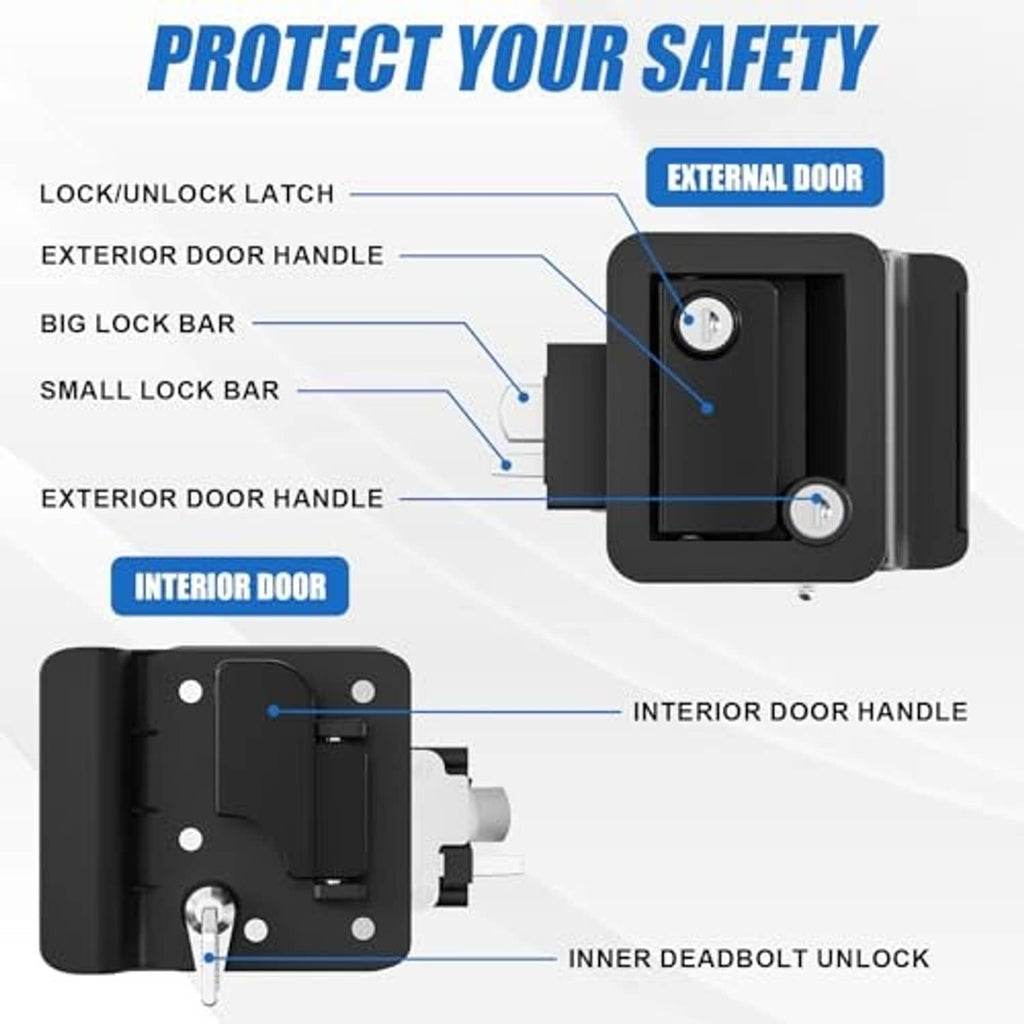 Black RV door lock latch with interior handle and latch mechanism, mounted