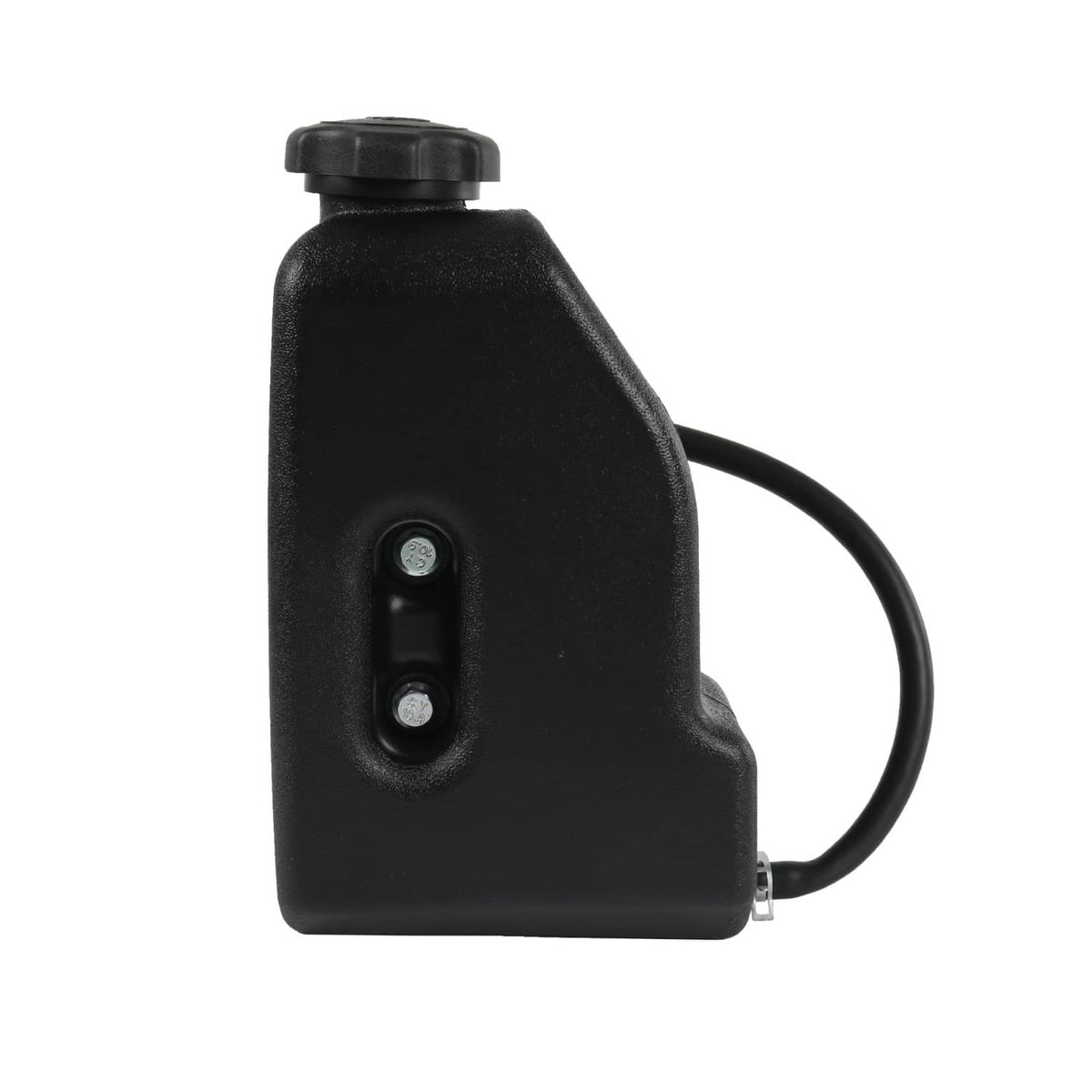 Fuel gas tank with black cap and fuel line, close-up side view