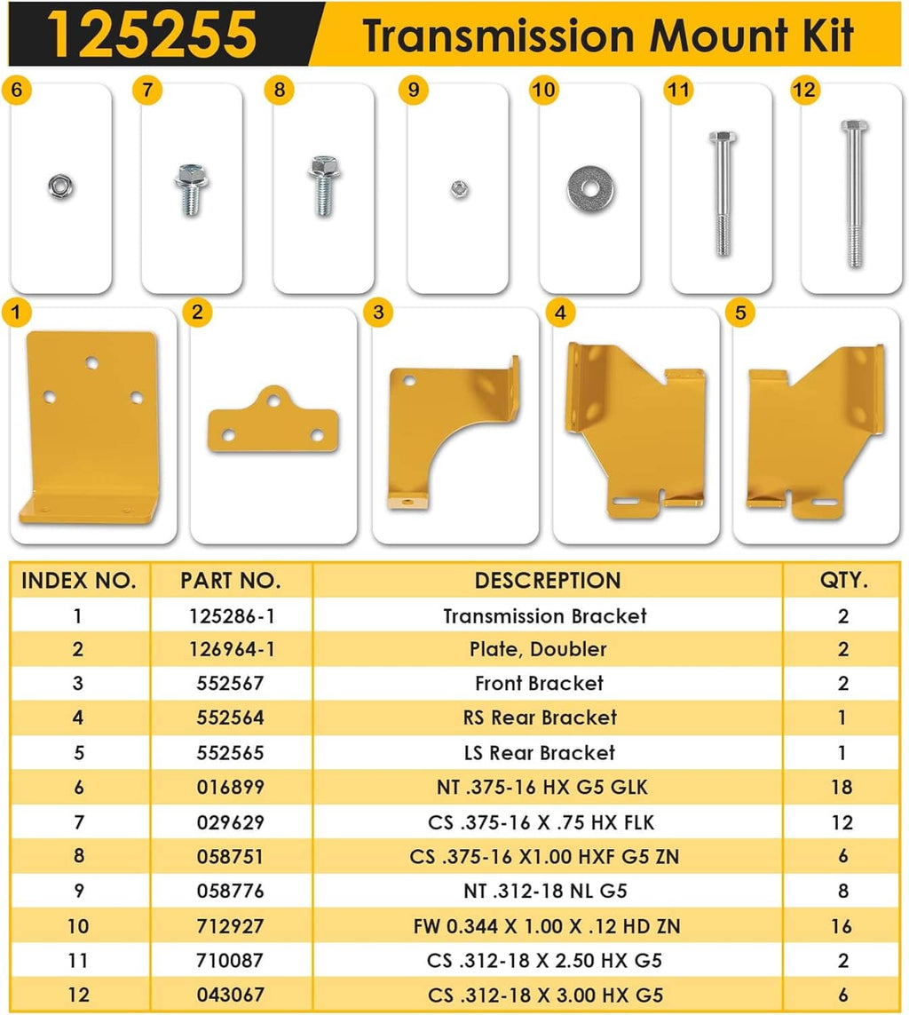 Hydro transmission mount kit parts layout with brackets, bolts, and washers