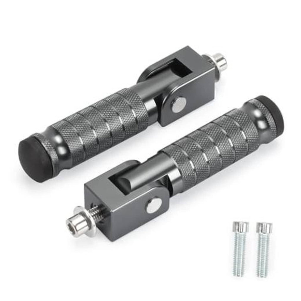 Foldable motorcycle foot pegs, 90-degree angle, textured metal grips with black end caps.
