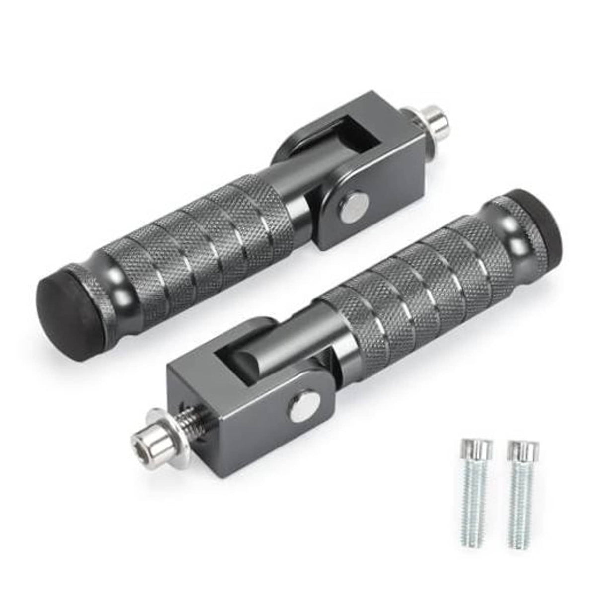 Foldable motorcycle foot pegs, 90-degree angle, textured metal grips with black end caps.