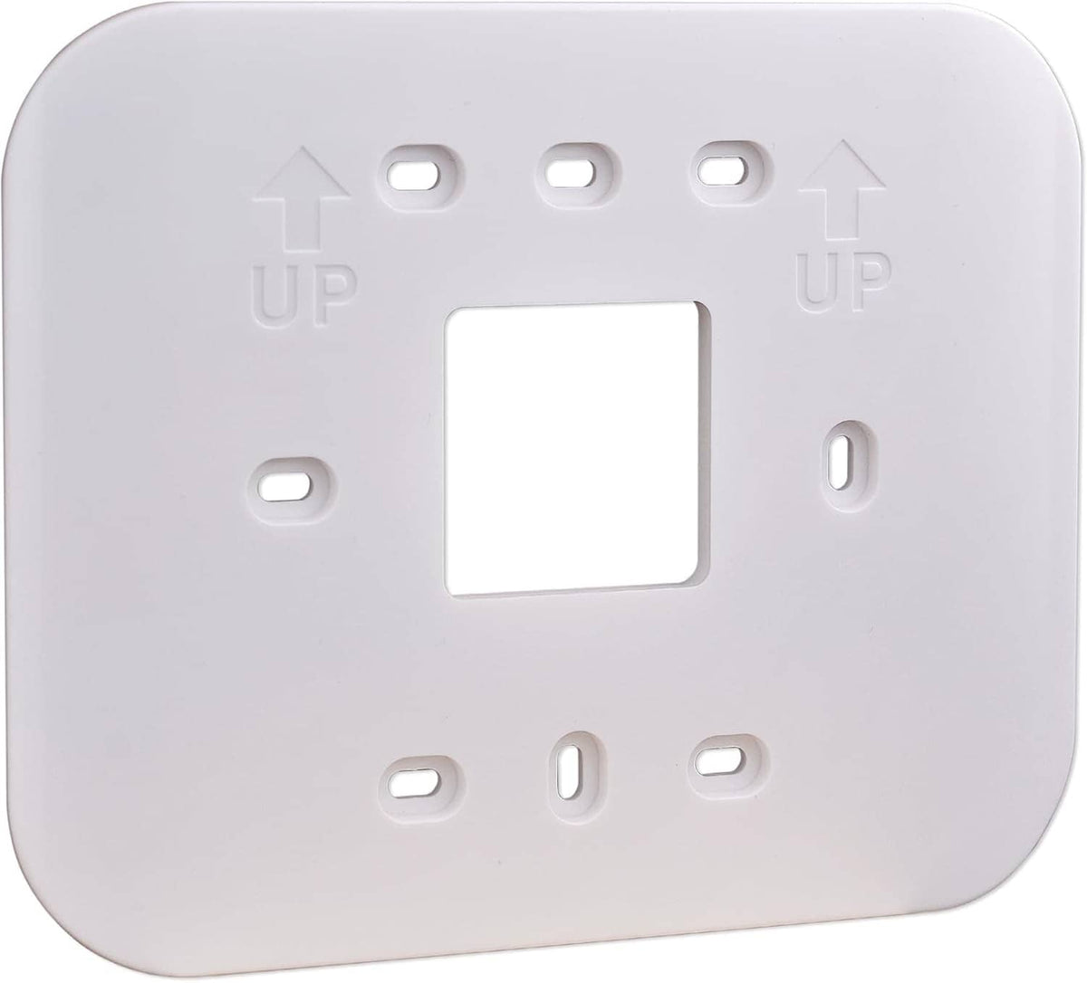 Off-white thermostat wall plate cover with square opening and mounting holes