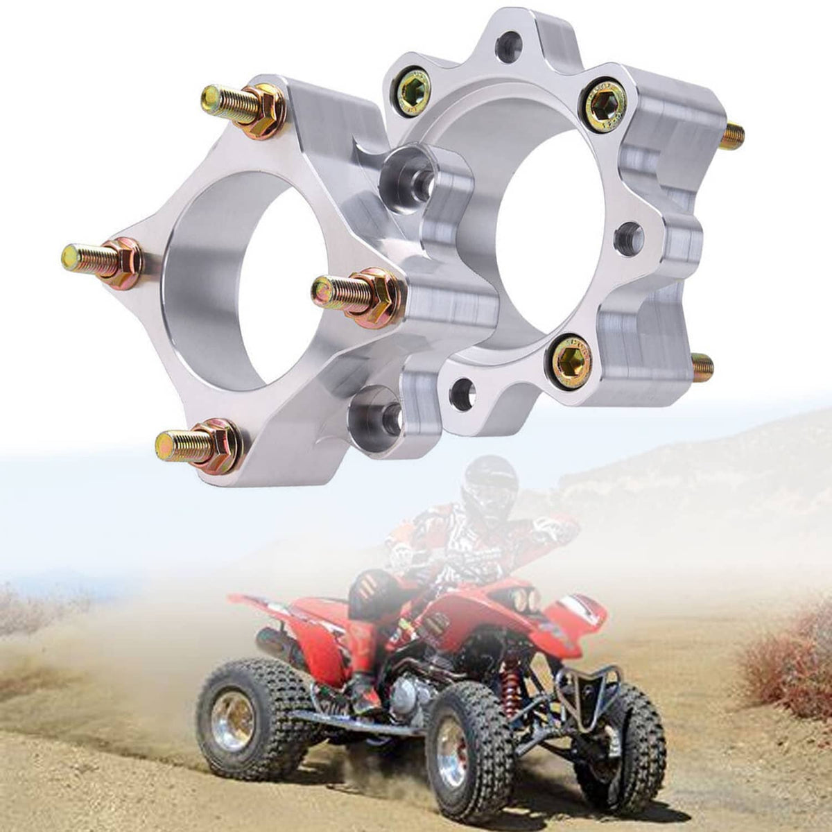 Wheel spacer pair, silver machined finish with gold-toned fasteners, angled view