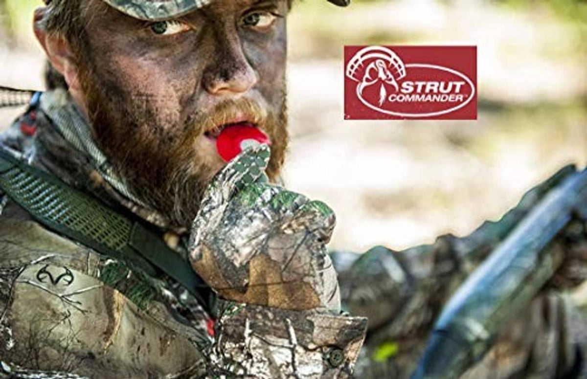 Red foam turkey mouth call at hunter’s mouth, camo sleeve visible