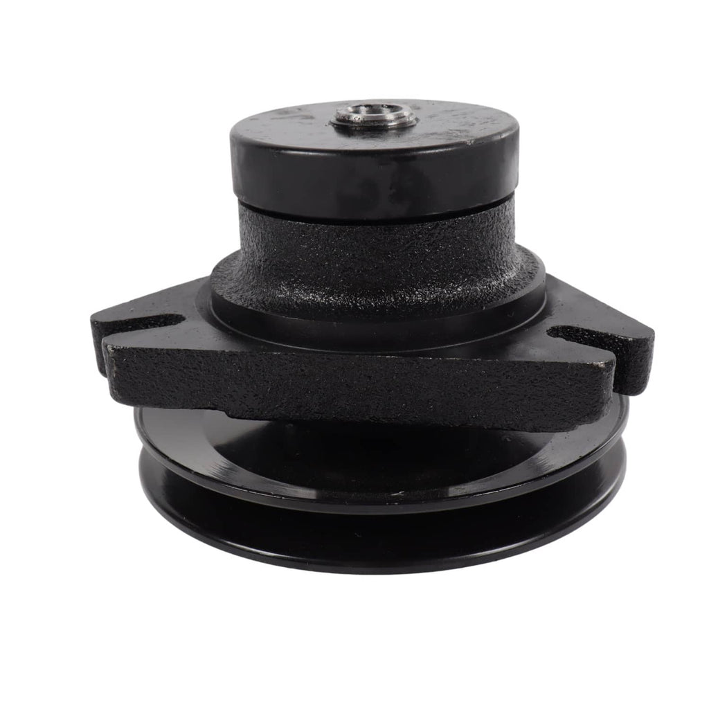 Black mower deck spindle with top threaded stud and side mounting tabs