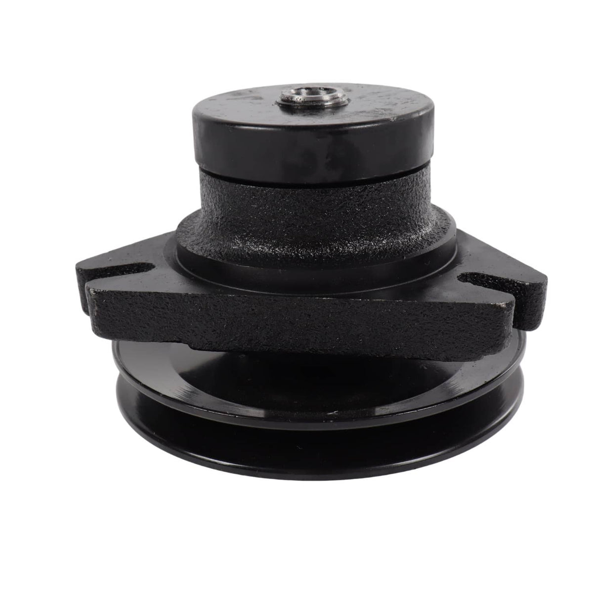Black mower deck spindle with top threaded stud and side mounting tabs