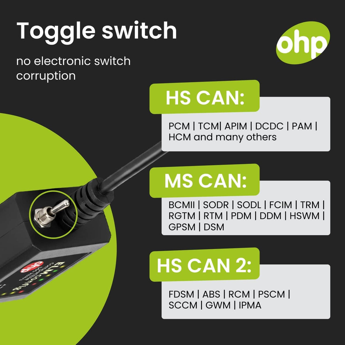 OBD2 ELM327 adapter with HS-CAN and MS-CAN toggle switch on housing