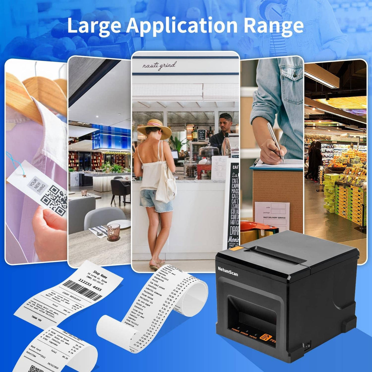 NetumScan black thermal receipt printer with receipt rolls and application examples