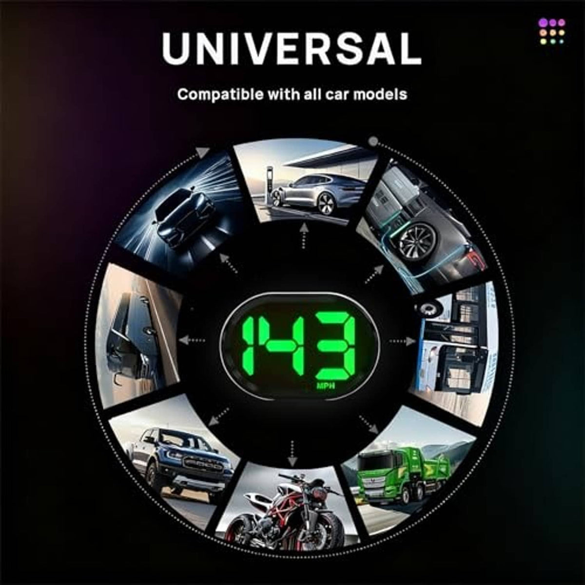 Universal HUD speedometer with green 73 MPH display and protective screen hood