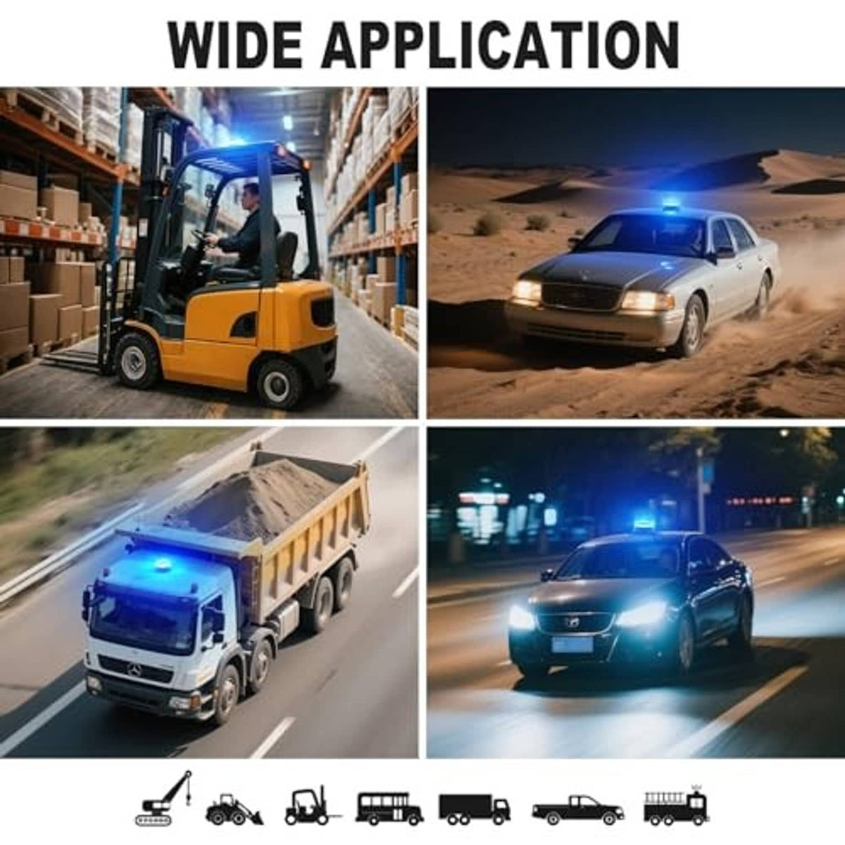 Blue LED beacon light used on trucks and cars at night and roadside scenes