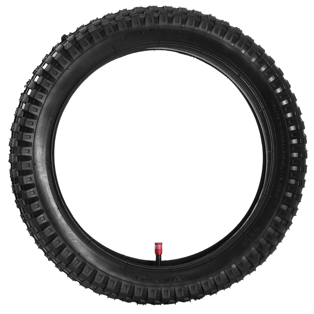 Tire with inner tube and straight red valve stem, black tread