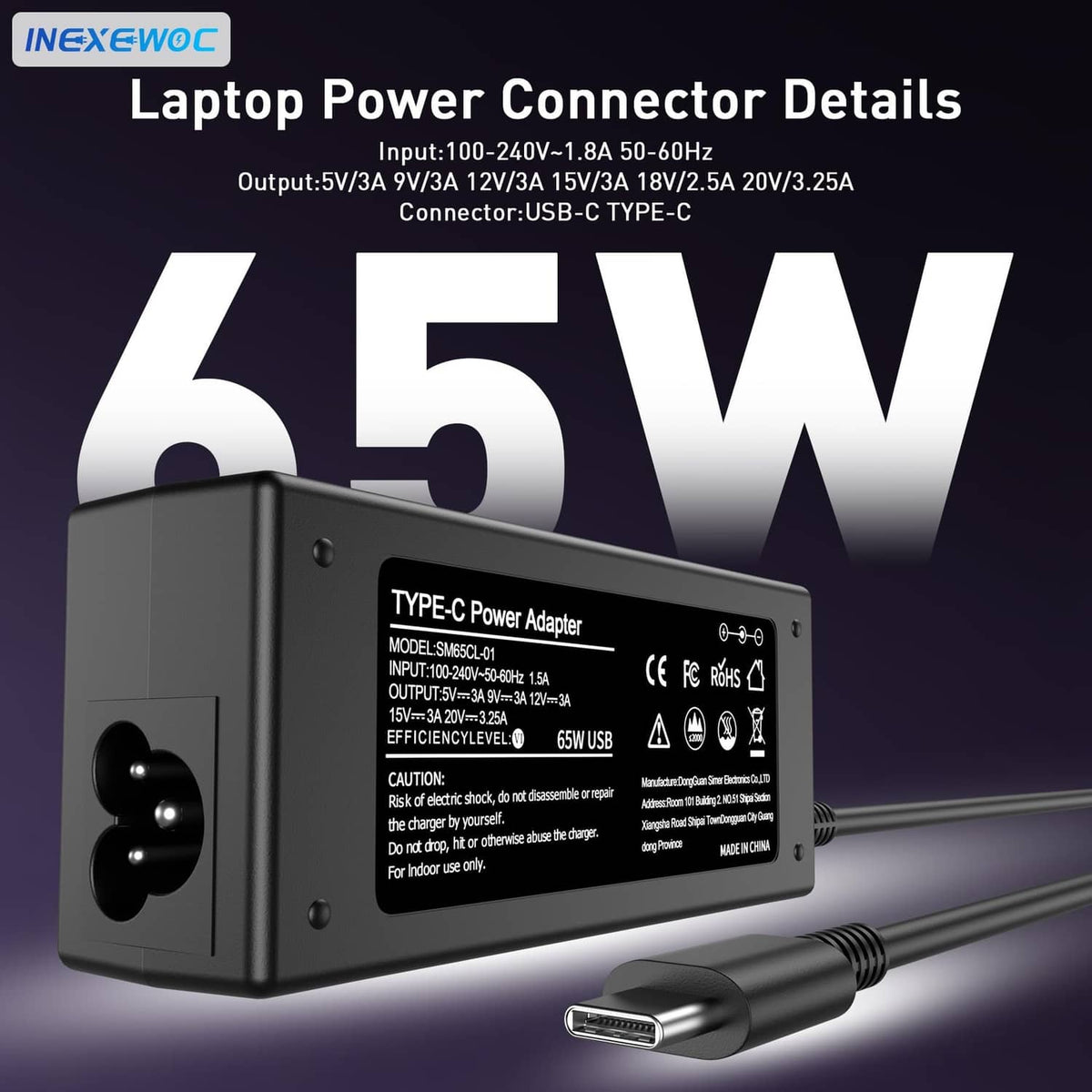 Black 65W USB-C power adapter with label and USB-C plug