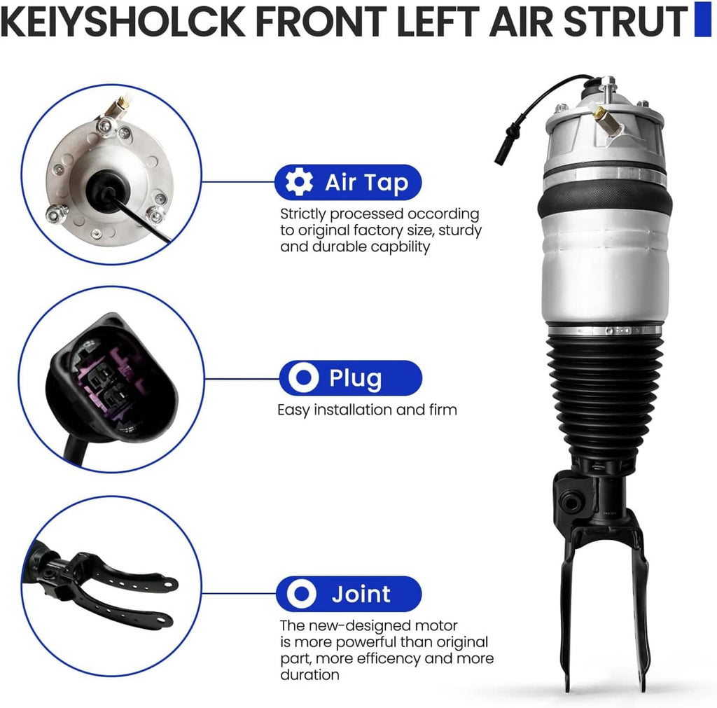 Front air strut with silver cylinder, black spring, and electrical plug and joint detail