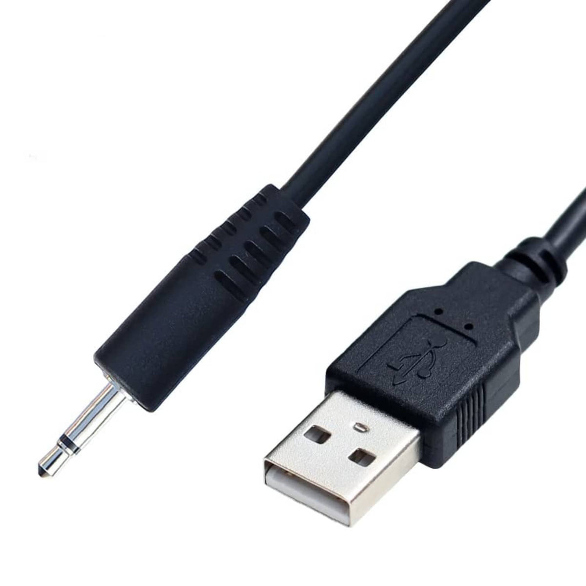 Black USB-A and 3.5mm audio plug ends on charging cable