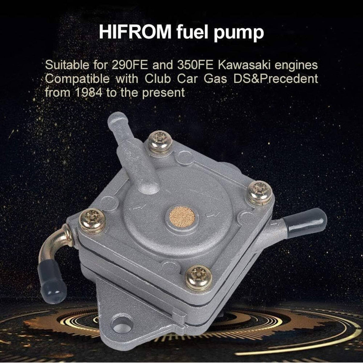 Fuel pump with metal body, brass screws, black hose connectors, and inlet tube