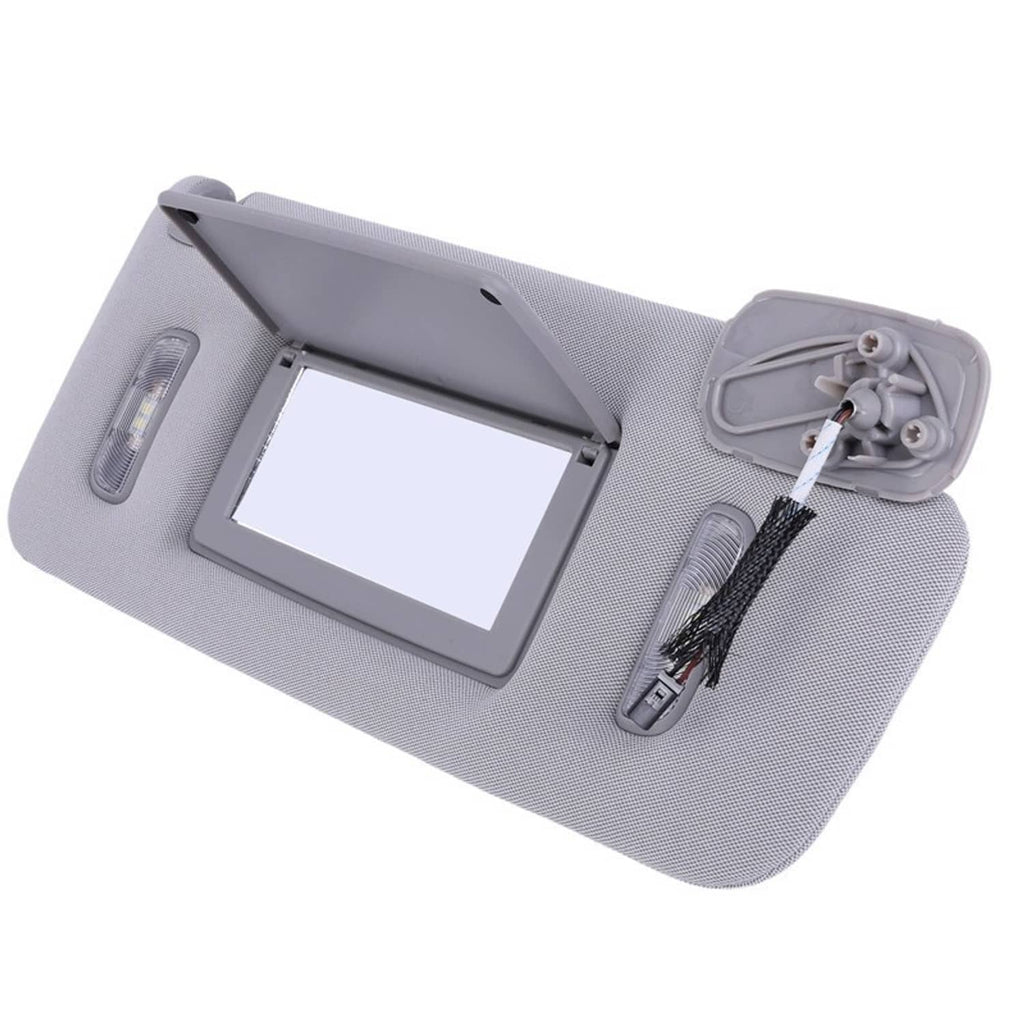 Grey right-side sun visor with vanity mirror opening, LED lights, and hanging strap