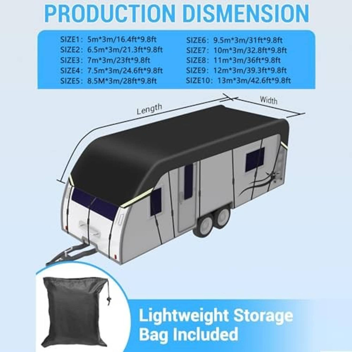 RV roof cover size diagram showing 9.5m x 3m dimensions and included storage bag