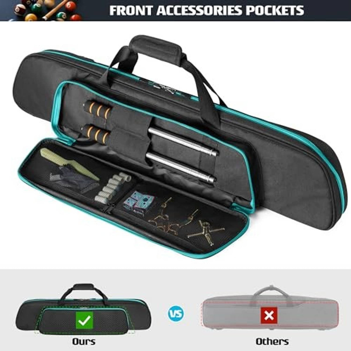 Soft pool cue case with textured interior pockets and multiple cue holders, black/teal