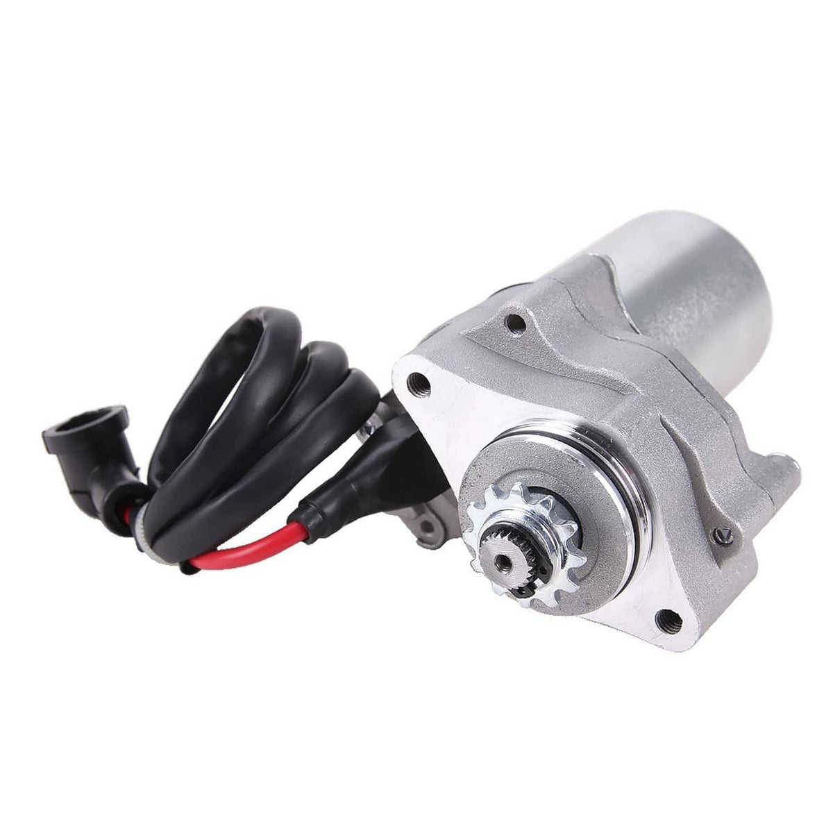 ATV starter motor with starter drive gear and black/red wiring, silver housing