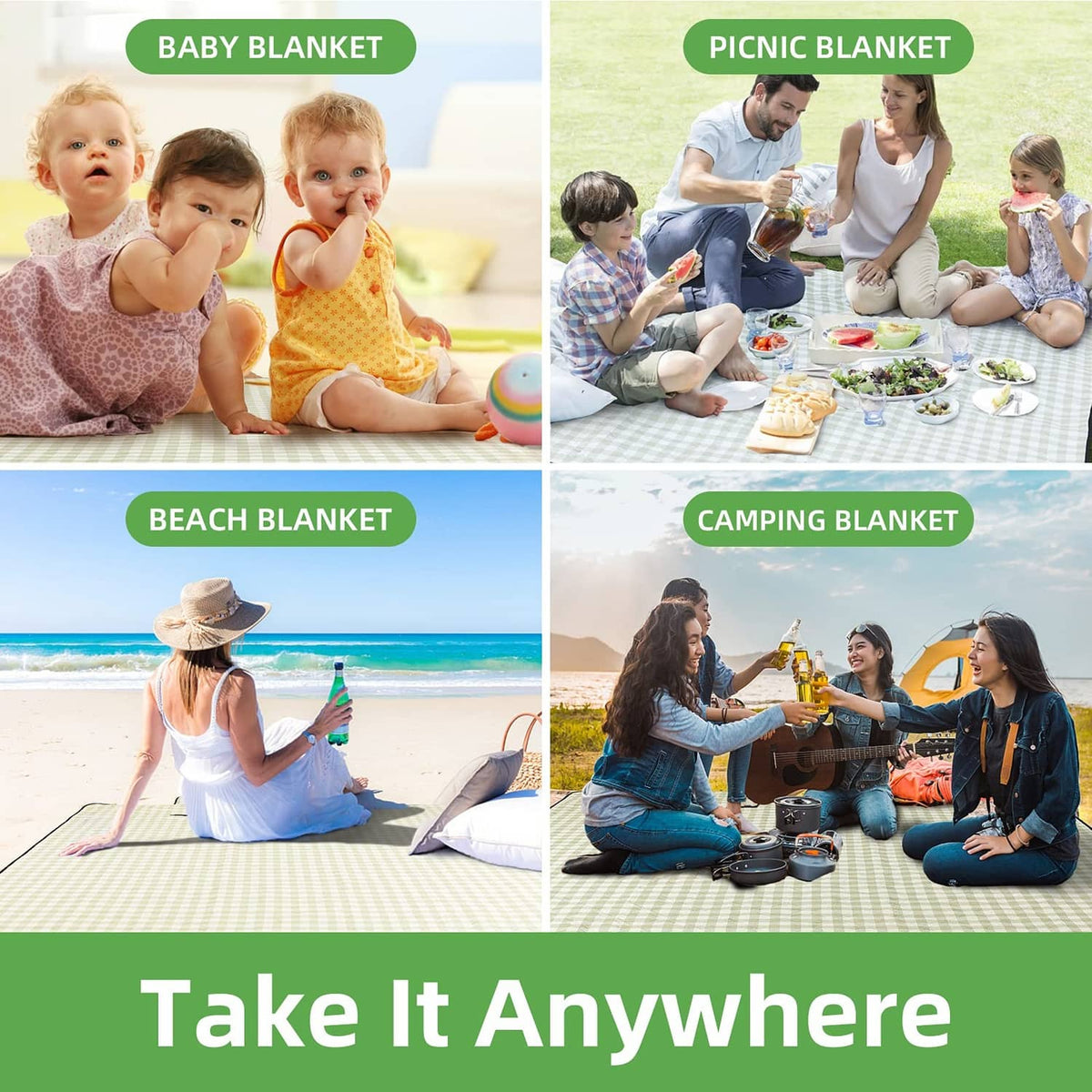 Green and white check blanket pictured for baby, picnic, beach, and camping use.