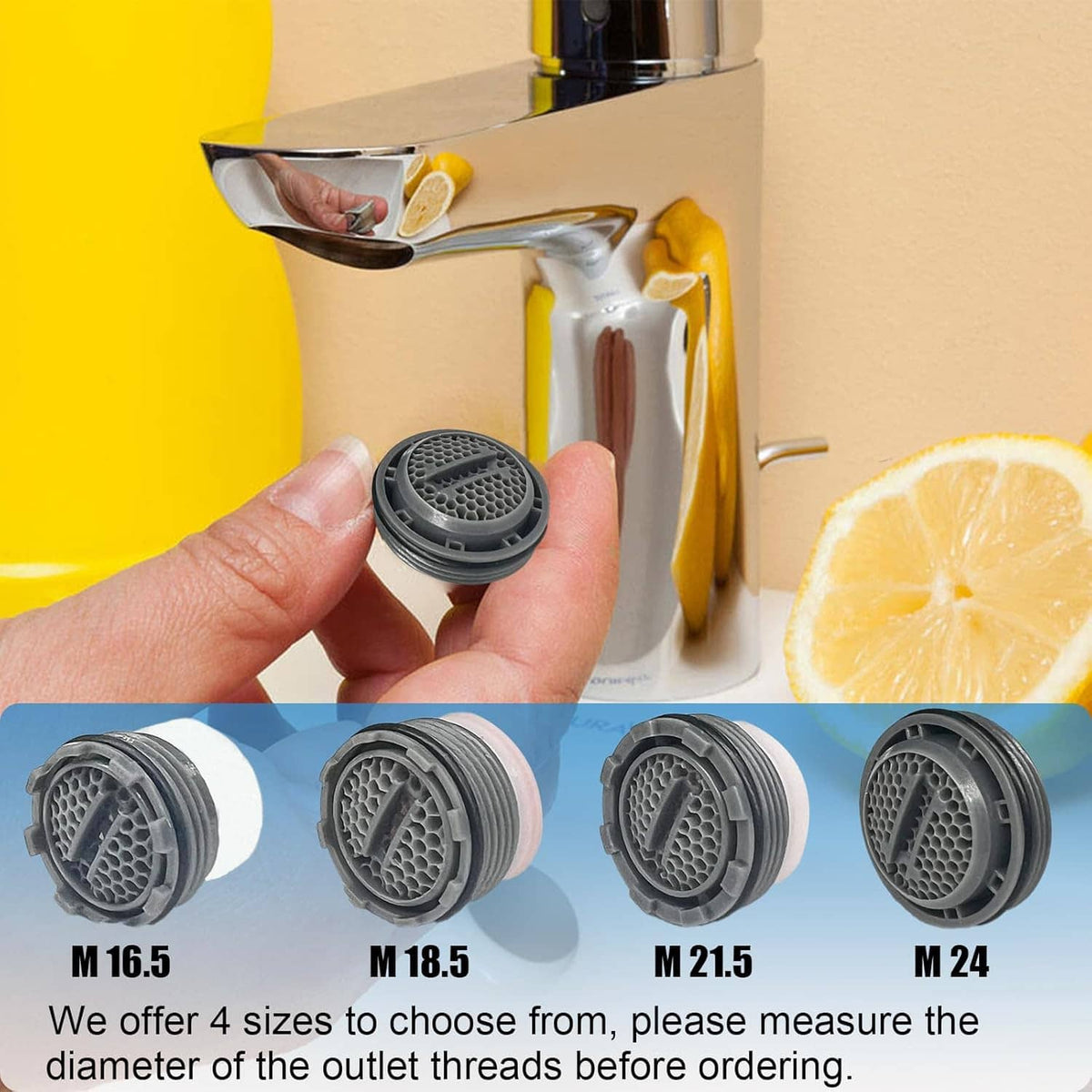 Hand holding a faucet aerator screen next to a kitchen sink faucet