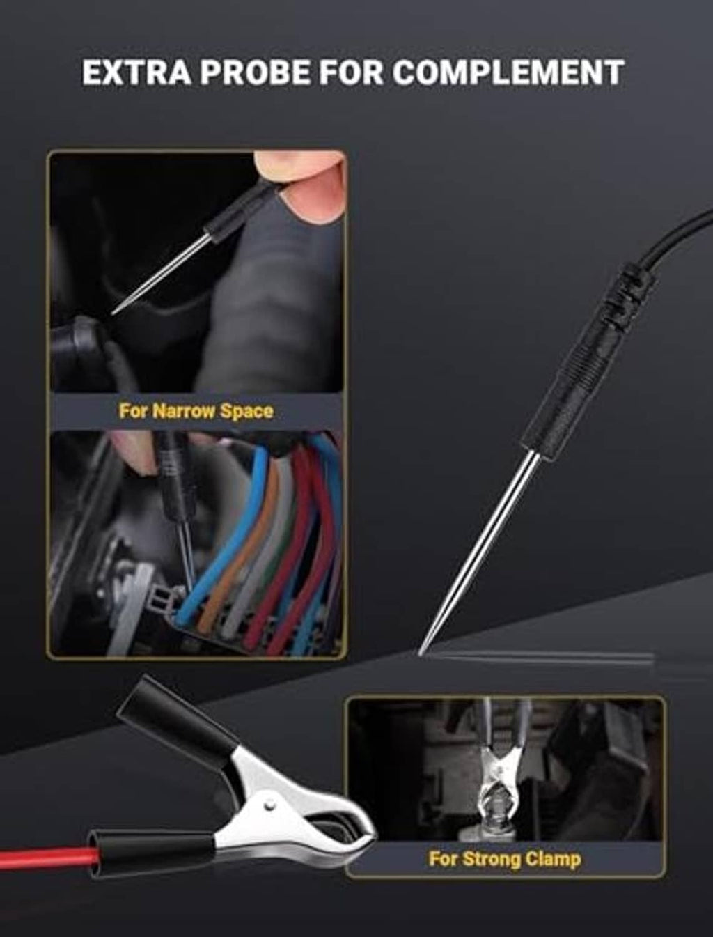 Automotive circuit tester with extra probe tip and alligator clip lead for tight spaces