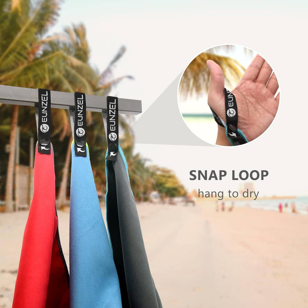 Snap-loop quick-dry towel set with dark gray and teal trim for hanging to dry