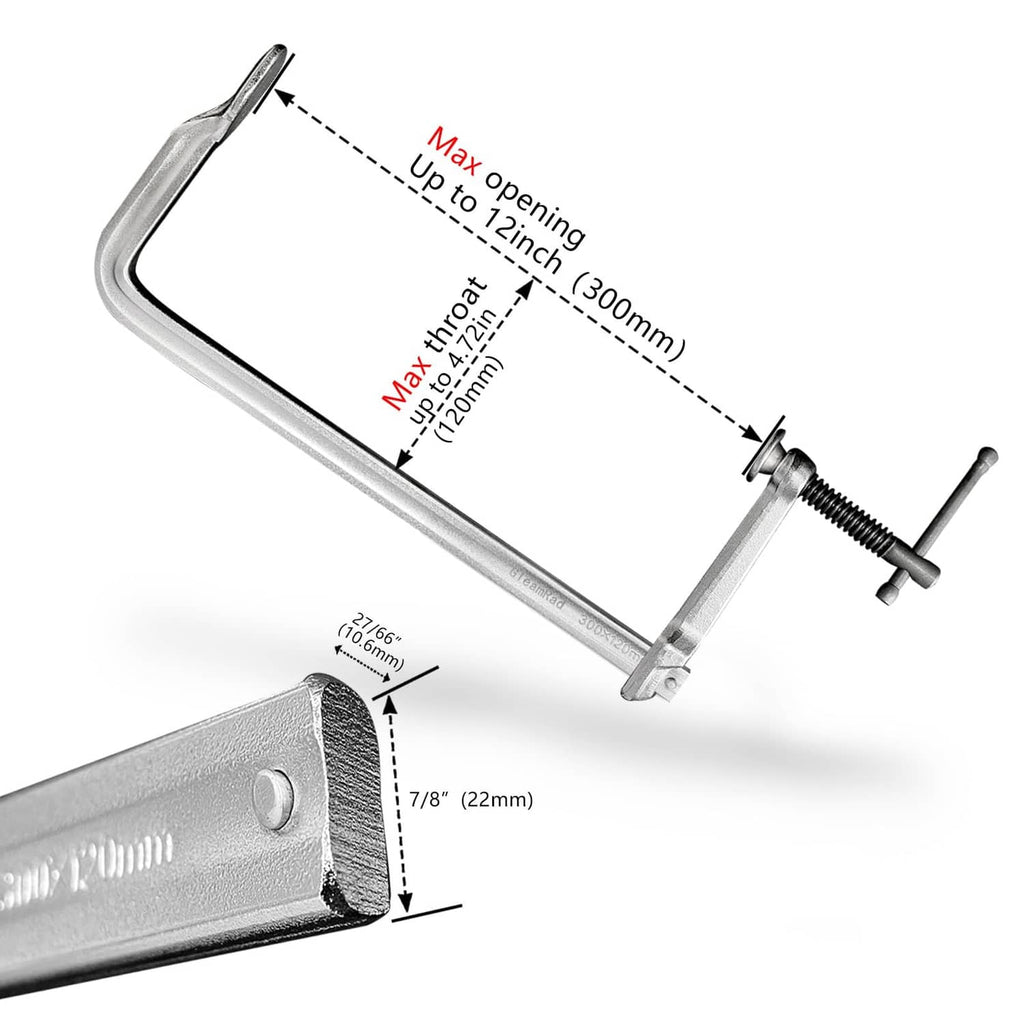 Silver U-bolt clamp with adjustable threaded posts and jaw opening dimension diagram