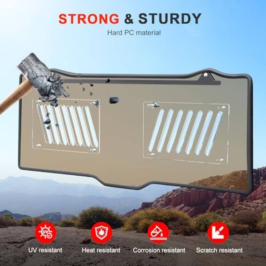 Sturdy tinted vented rear window panel with two vent grilles and reinforced frame edges