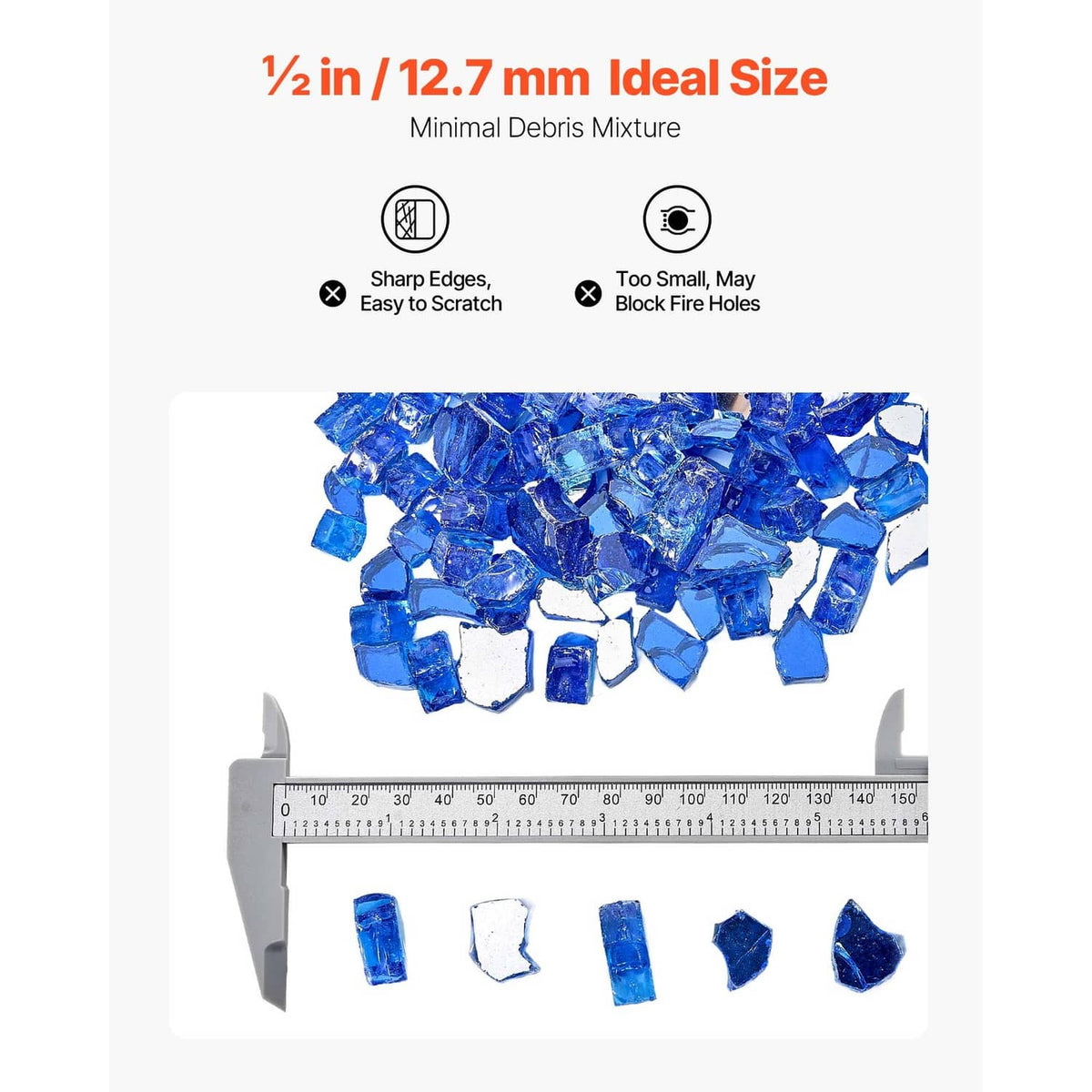 Cobalt blue crushed glass rocks shown with a ruler and mixed small pieces